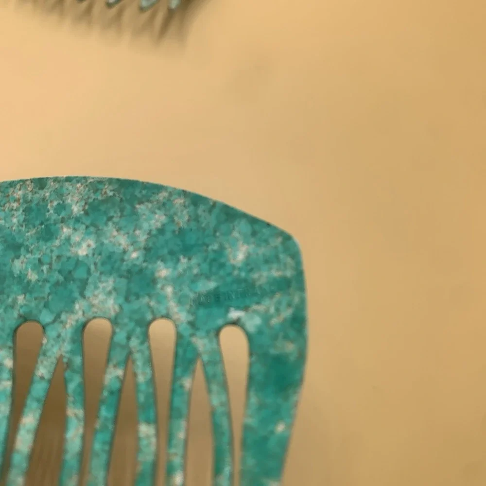 Vintage French Hair Comb Pair Teal  Marbled Multi Tone Style Made In France